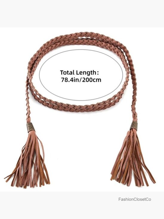 Tassel Braided Rope Belt PU Leather Thin Woven Boho Waistband for Dress Jeans main image 2